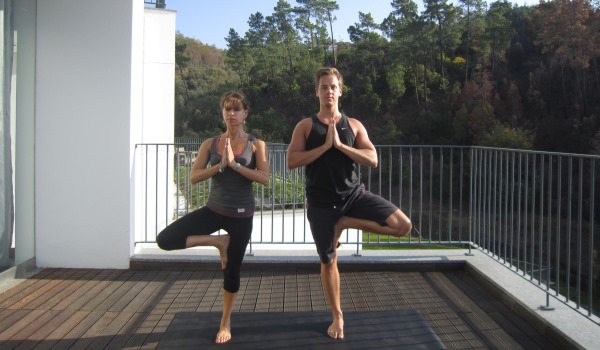 Paul practising yoga at Longevity Wellness Resort with yoga and Pilates expert Angie Newson