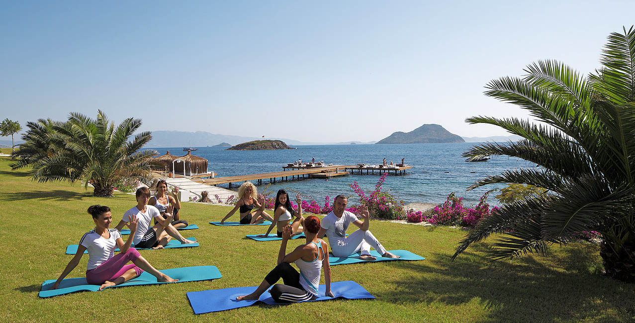Group yoga class on an alkaline detox retreat