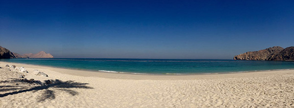 Fish eye shot of the beach by Six Senses Zighy Bay