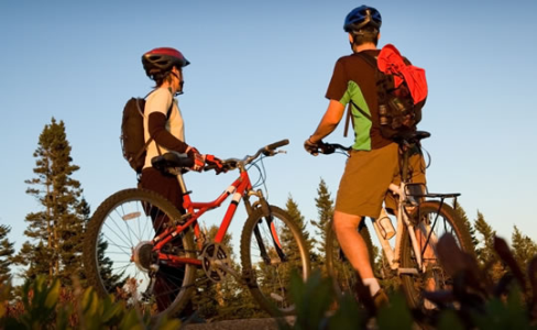 Two men mountain biking in the countryside