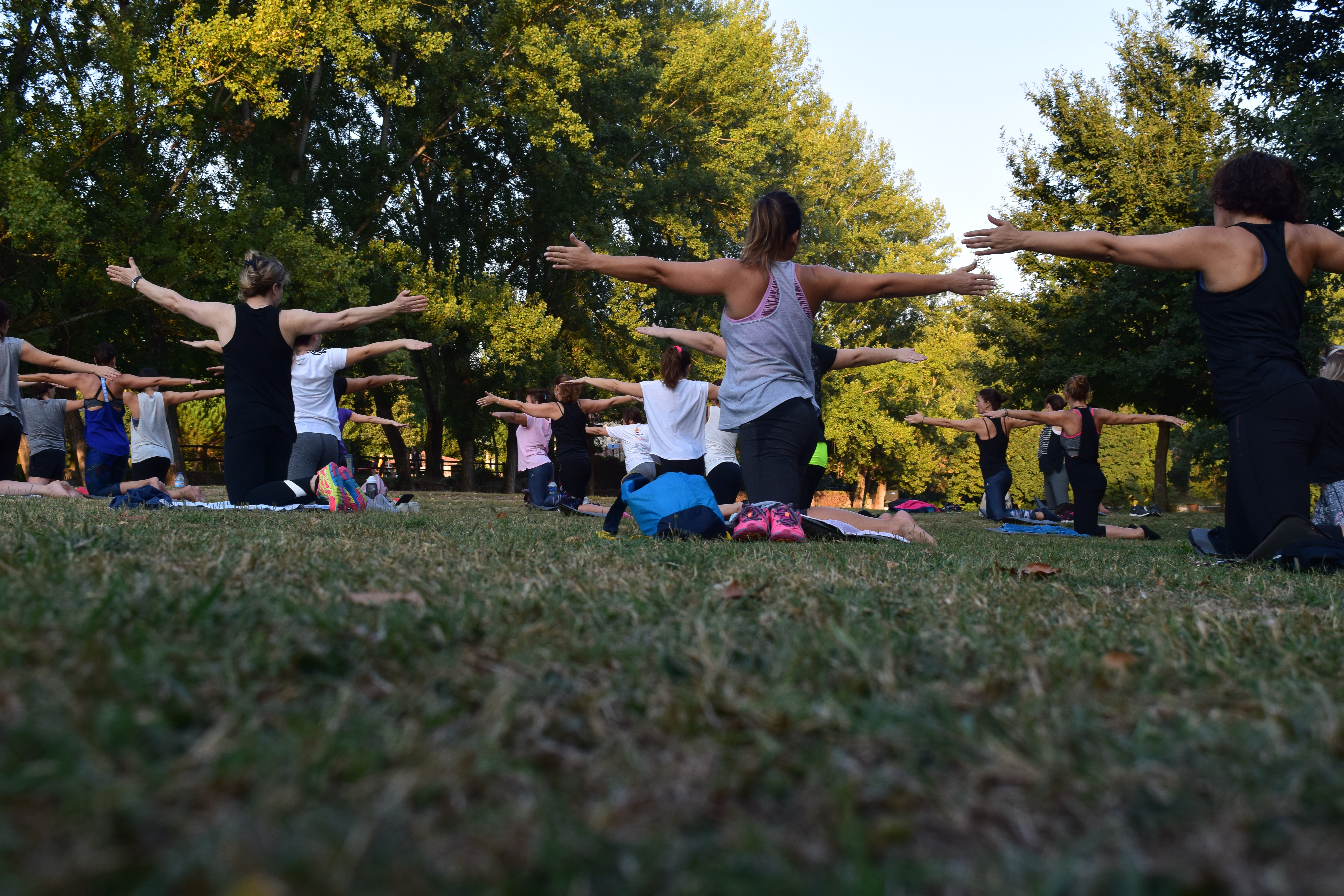 People doing yoga on grass