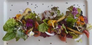 Grilled Organic Vegetable Salad on Mashed Beetroot by Paradis Plage
