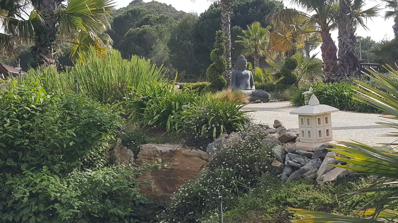 A pathway leading to small Buddha statue outside Shanti Som 