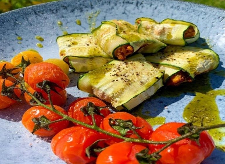 Stuffed Courgette Ravioli with Roasted Cherry Tomatoes by Glass House Detox Retreat