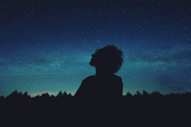 A man looking into the stars surrounded by nature.  