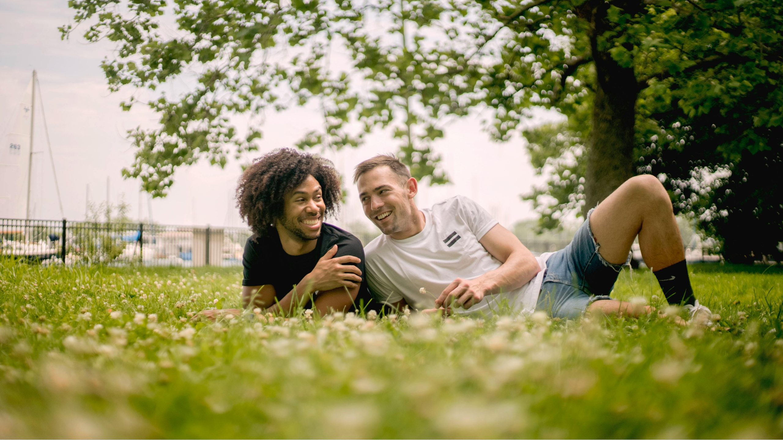 Couple having conversation on the grass